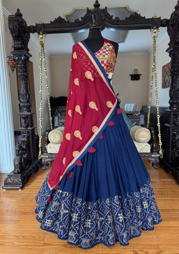 Blue Chaniya with Maroon Blouse Dupatta